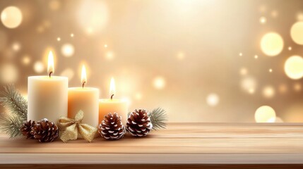 Warm rustic Christmas scene with wooden textures, softly glowing candles, and natural decorations like pinecones, evoking a cozy holiday setting.