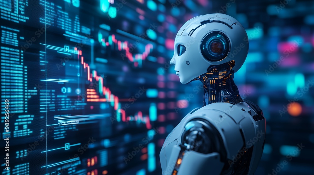 Poster a humanoid robot analyzes financial data against a backdrop of holographic graphs and digital displa