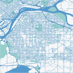 Map of Surrey in Canada in a professional blue style. Contains layered vector with roads water, parks, etc.