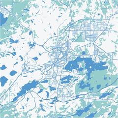 Map of Sudbury in Canada in a professional blue style. Contains layered vector with roads water, parks, etc.