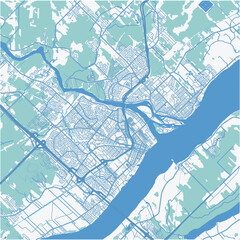 Map of Trois-Rivieres in Canada in a professional blue style. Contains layered vector with roads water, parks, etc.