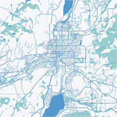 Map of Vernon in Canada in a professional blue style. Contains layered vector with roads water, parks, etc.
