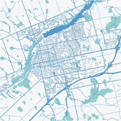 Map of Woodstock in Canada in a professional blue style. Contains layered vector with roads water, parks, etc.
