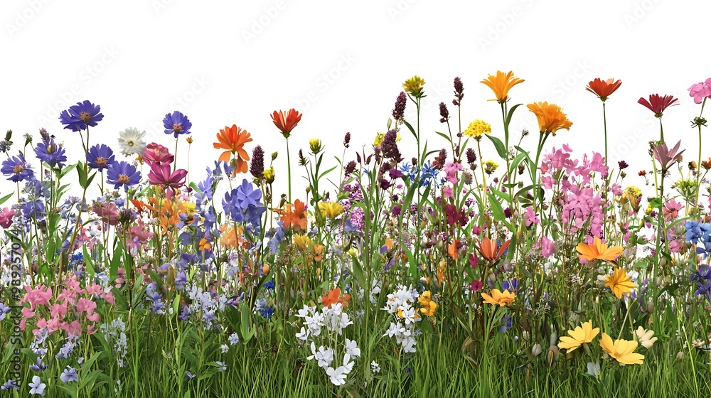 Wall mural A vibrant field of colorful wildflowers against a white background.