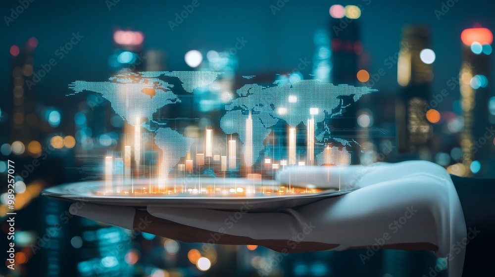 Poster a futuristic hand displays a digital world map with data metrics against a glowing city background a