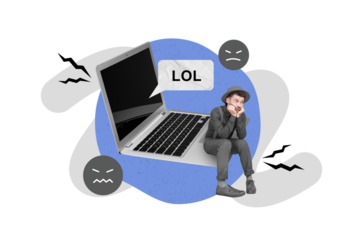 Creative photo 3d collage artwork postcard poster of moody frowning man sit netbook bad mood failure isolated on painting background