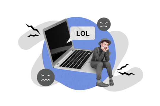 Creative photo 3d collage artwork postcard poster of moody frowning man sit netbook bad mood failure isolated on painting background