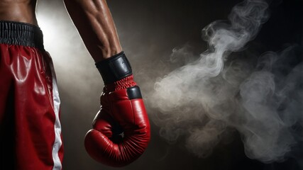 Powerful boxer wearing red gloves and smoke rising