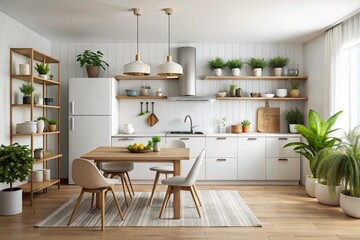 White scandinavian kitchen interior with dining room and wooden floor. Simply furniture with utensils, shelves with crockery and plants in pot, refrigerator in modern minimal design