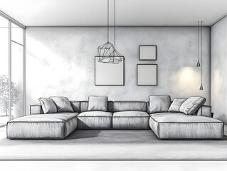Cozy and inviting modern living room with a large comfortable sectional sofa and minimalist stylish decor sleek and sophisticated with metallic accents industrial chic pencil drawing moody atmosphere