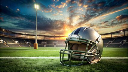 Football Helmet on Green Field with Goalposts During Playoff Game Day