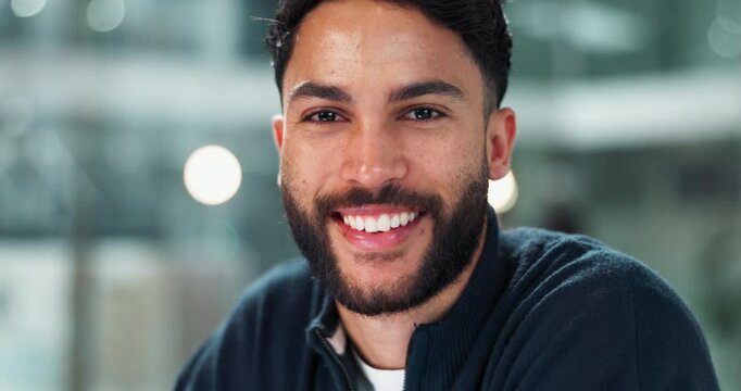 Face, man and happy or proud in office for career growth or job opportunity as accountant. Male employee, portrait and smile with confidence for internship or training program as financial consultant