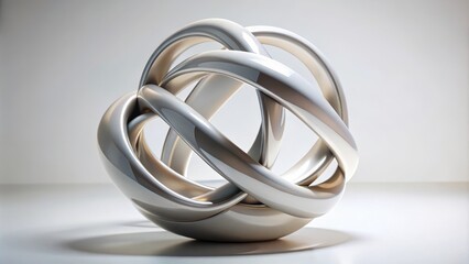 Fototapeta premium Modern sculpture with intertwined tubes forming a sphere is standing on a white pedestal