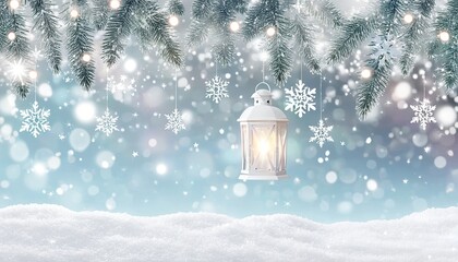 Christmas Lantern Hanging from a Snowy Fir Branch, glowing softly amidst the night, gently falling snowflakes and shimmering golden bokeh lights. Made with Generative AI Technology