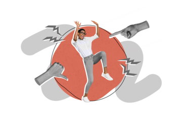 Collage photo of young dancing excited lady wear smart casual clothes raise hands up bad feedback finger direct isolated on grey color background