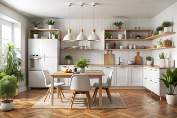 White scandinavian kitchen interior with dining room and wooden floor. Simply furniture with utensils, shelves with crockery and plants in pot, refrigerator in modern minimal design