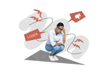 Collage photo of young office worker lady abused sitting touch head stressed loser dislike symbol annoyed isolated on grey color background