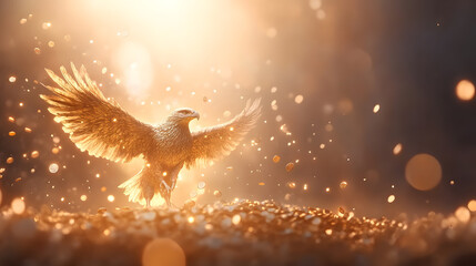 Majestic bird spreading its wings in a radiant glow, surrounded by shimmering particles of light, symbolizing freedom and beauty.