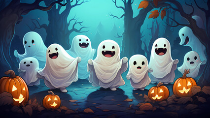 Obraz premium Cartoon cute ghosts in a forest with pumpkin lanterns, Samsung TV Frame Art 3840x2160