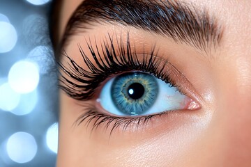 A close-up of a womanâ€™s eyes, with a soft focus on her long eyelashes and a dreamy bokeh background