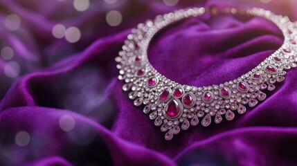 Obraz premium Shiny silver and ruby necklace on a luxurious royal purple velvet cloth, with a purple-to-silver gradient background and subtle festive sparkles, Copy space, happy Diwali background, traditional