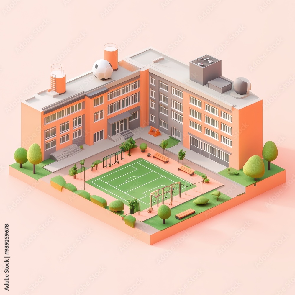 Poster a colorful 3d model of a school building with a sports field and playground.