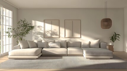 Cozy and Inviting Japandi Inspired Modern Living Room with a Large Comfortable Sectional Sofa Minimalist Stylish Decor and Warm Natural Lighting Creating a Relaxed and Refined Atmosphere