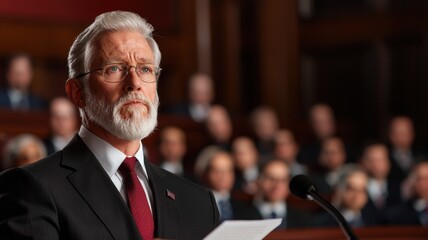 Senior politician giving a speech in a formal setting, focused expression and attentive audience.