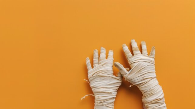 Mummified halloween hands wrapped in bandages against a orange background. Happy halloween banner with copy space