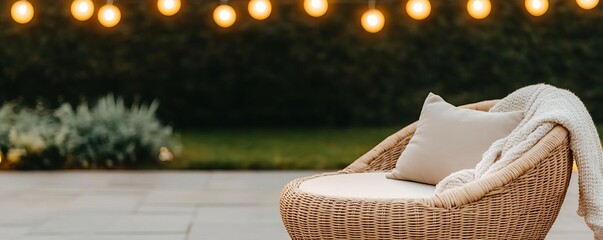 Patio with a round wicker chair, a cozy throw, and string lights overhead