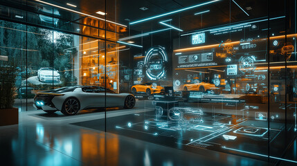 a photostock image of a futuristic smart car showroom  control hub in augmented reality, showing compatibility with various smart devices and voice control features in a modern showroom