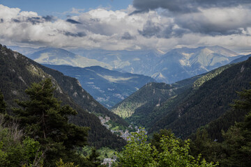Landscape view of green mountains at summer, Arinsal, Andorra