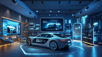 a photostock image of a futuristic smart car showroom  control hub in augmented reality, showing compatibility with various smart devices and voice control features in a modern showroom