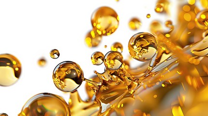 Golden oil drop splash on white background. Splash effect, white background, abstract liquid, oil texture, dynamic splash, liquid motion,
