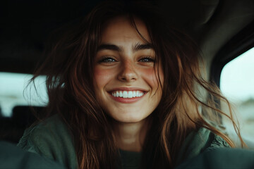 Smiling Young Woman with Windswept Hair Inside a Car