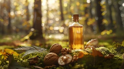 Product photography in the autumn forest as a background, the overall color tone is warm, the center of the picture is a bottle of walnut oil, the ground is moss, the advertising effect is professiona