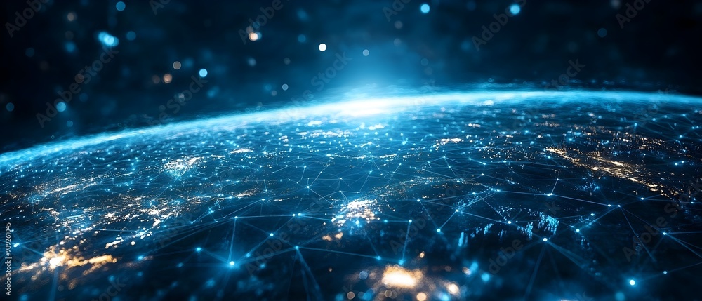 Poster visualizing global internet connectivity and digital data exchange through telecommunication network
