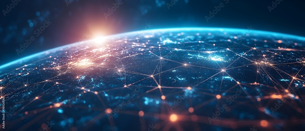 Poster visualizing the vast global network of internet connectivity and data exchange facilitated by modern