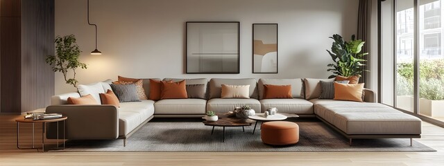 Stunning 3D rendered image of a contemporary and modern living room featuring a spacious modular sectional sofa chic decorative accents