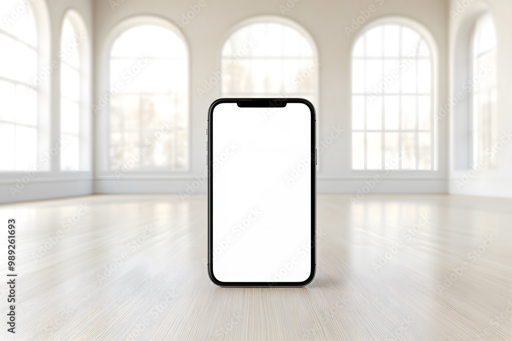 Poster a modern smartphone stands upright in a minimalist room with large arched windows and wooden floorin