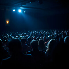 A large audience sitting in a dimly lit auditorium, facing a stage or screen. The audience appears to be mostly adults, with a mix of men and women. 
