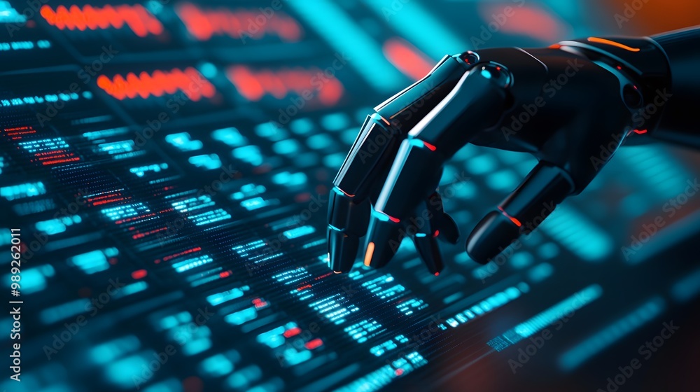 Poster a futuristic robotic hand interacts with a digital interface, showcasing advanced technology and a b