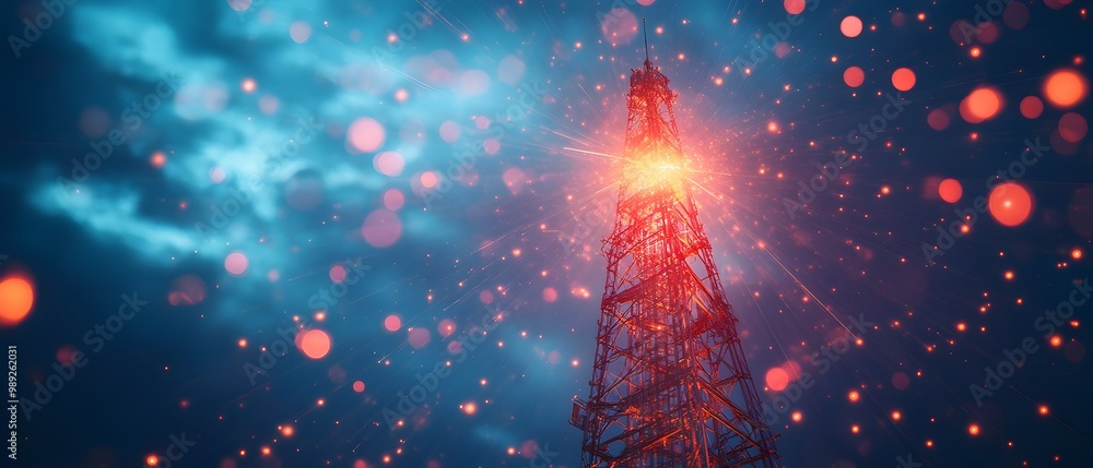 Poster vibrant and futuristic visualization of telecommunication signals highlighting the strength stabilit