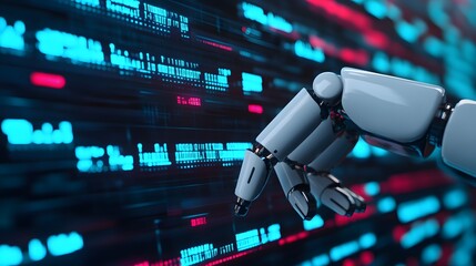 A robotic hand interacts with digital code, symbolizing the fusion of technology and artificial intelligence.
