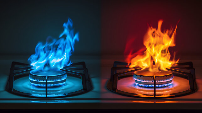 Blue flame vs orange flame on gas stove, cooking temperature comparison, natural gas vs propane, heat intensity, kitchen safety, flame color difference, energy efficiency, cooking fuel