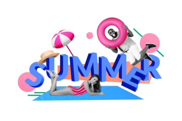 Advert slogan collage for travel agency advertise perfect vacation for family friends guys ladies on beach shore