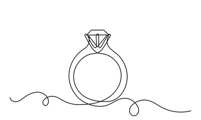 Diamond engagement ring .continuous line drawing of diamond wedding ring on a white background.single-line proposal engagement and love marriage invitation concept.Wedding gold Ring illustration.