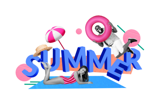 Advert slogan collage for travel agency advertise perfect vacation for family friends guys ladies on beach shore