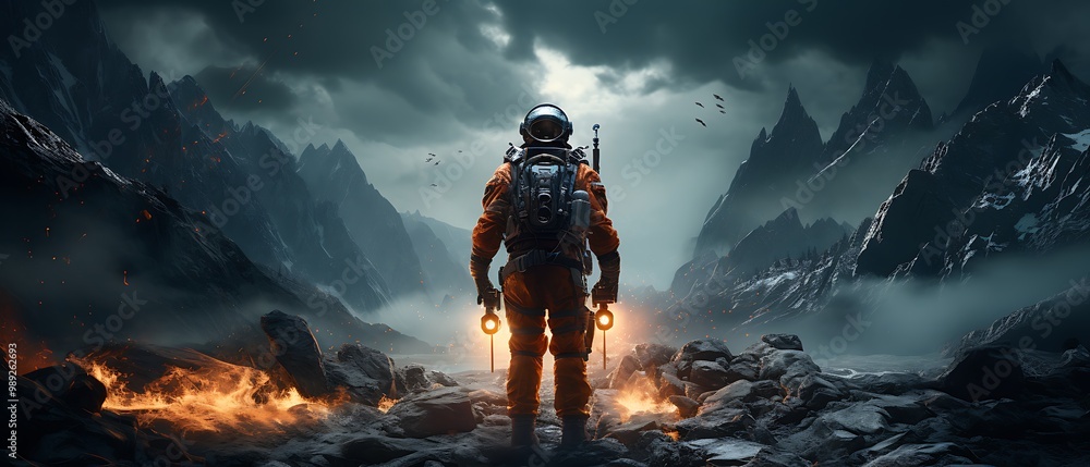 Poster 3drendered astronaut floating in deep space tethered to a 2d spacecraft with a stunning view of the 