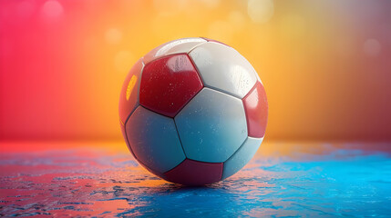 Naklejka premium 3D Render of a Soccer Ball on a Wet Surface with Colorful Background